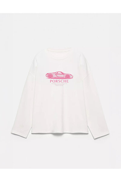 Disante %100 Pamuk Oversize Fit Pink Porsche Baskılı - Bisiklet Yaka Uzun Kol...