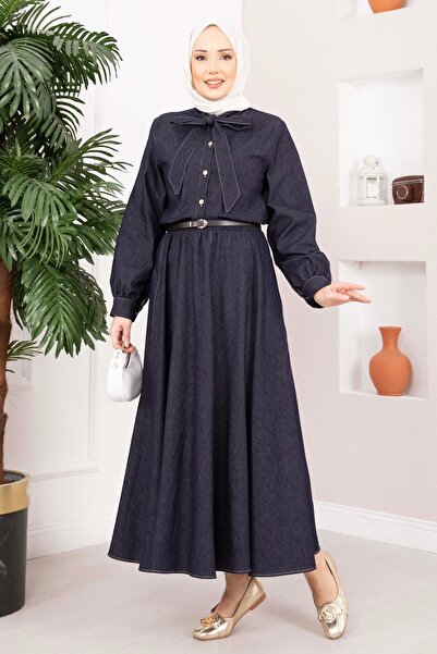 EBRUTESETTÜR تفاصيل فيونكة طقم دينم دبل تينسل باللون الأزرق الداكن