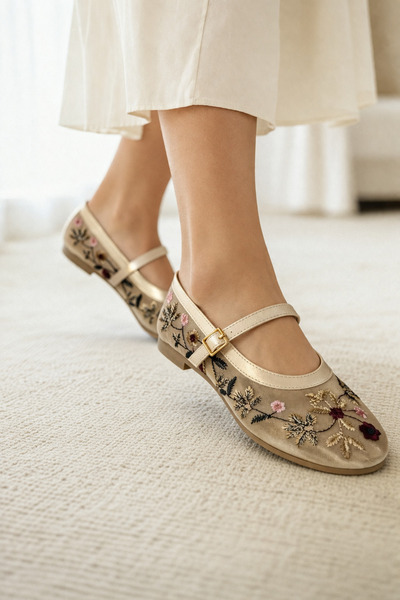 Noliva Women's Beige Floral Embroidered Mary Janes Ballet Flats Daily Comfortable Ballet Flats Shoes