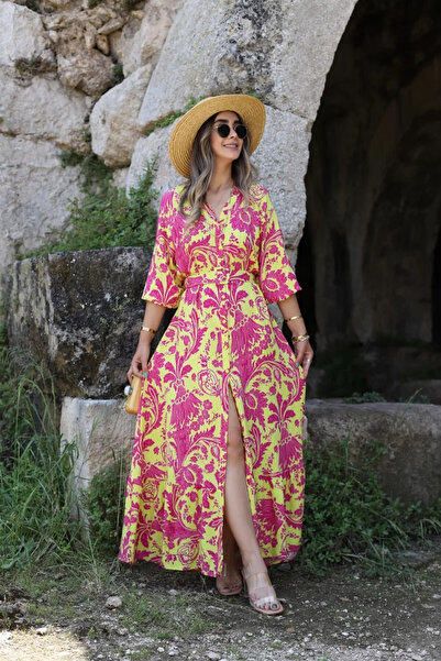 bytugcekaya Rochie lungă cu imprimeu floral galben fucsia