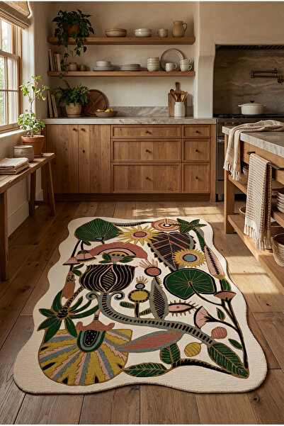 Decomia Home Dijital Kaymaz Yıkanabilir Renkli Retro Desenli Mutfak Halısı Sa...