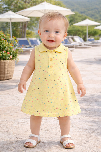 Mika Bebek & Çocuk Yıldız Baskılı Polo Yaka Kız Bebek Çocuk Sarı Yazlık Elbise