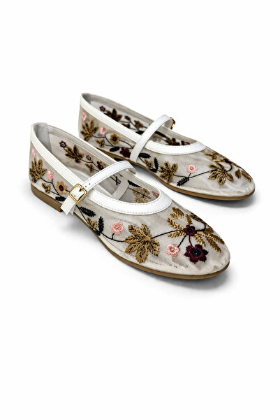 Noliva حذاء نسائي أبيض مزين بالزهور مطرز ماري جين حذاء مسطح مريح للاستخدام ال...
