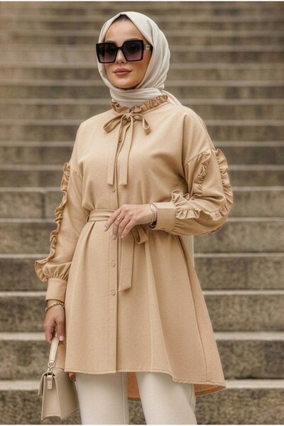 N.S NEVA STYLE Düğmeli Bej Tesettür Tunik 20295BEJ