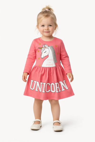 Mika Bebek & Çocuk Unicorn Desenli Kız Çocuk Pembe Yazlık Elbise