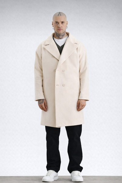 İLKCET MODA Premium Cream Oversize Men's Buttoned Cashmere Coat
