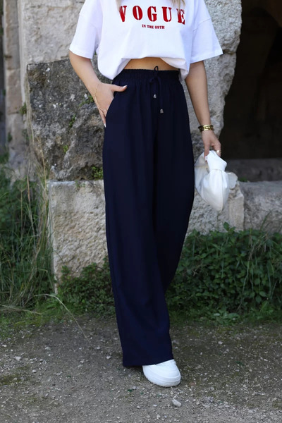 bytugcekaya Navy Blue Palazzo Bottom - Ελαστική μέση