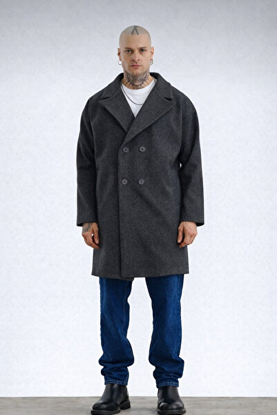 İLKCET MODA Premium Antrasit Oversize Erkek Düğmeli Kaşe Kaban