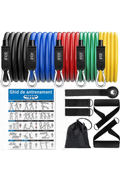 Salestore Set de 11 elemente, 5 benzi elastice din latex, ghid de antrenament...