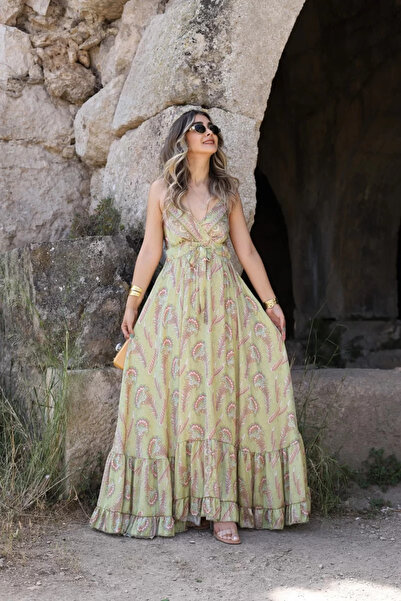 bytugcekaya Yağ Yeşili Askılı İpek Saten Eteği Volanlı Elbise