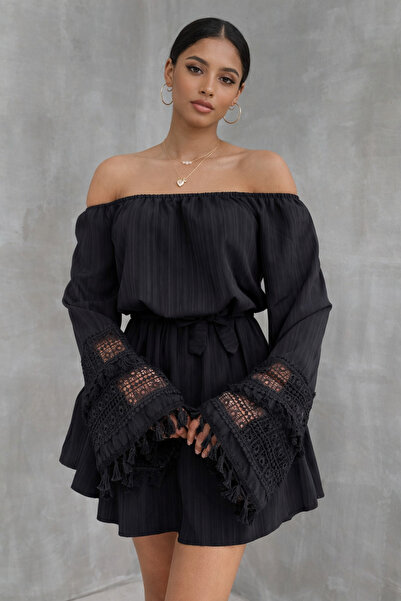 İLKCET MODA Rochie cu ciucuri cu mânecă spaniolă cu guler Madonna