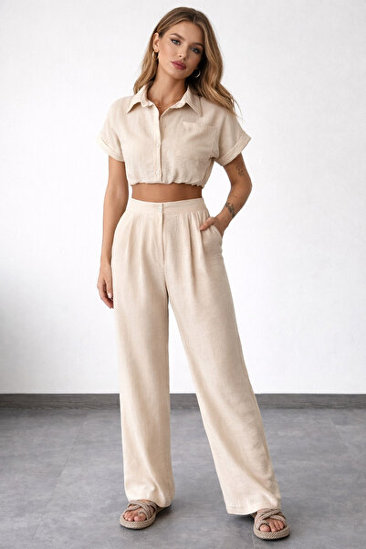 İLKCET MODA Σετ παντελόνι Palazzon πουκάμισο λινό Crop