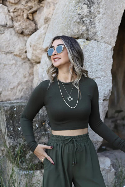 bytugcekaya Crop top cu mânecă lungă kaki închis