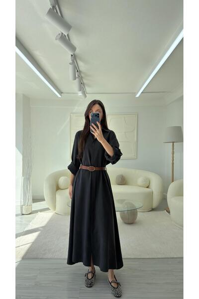LUUNA STORE KEMERLİ GÖMLEK ELBİSE - SİYAH