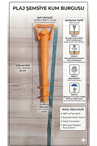 Genel Markalar Turuncu 34 cm plastik plaj şemsiye kazığı, dayanıklı ve kullan...