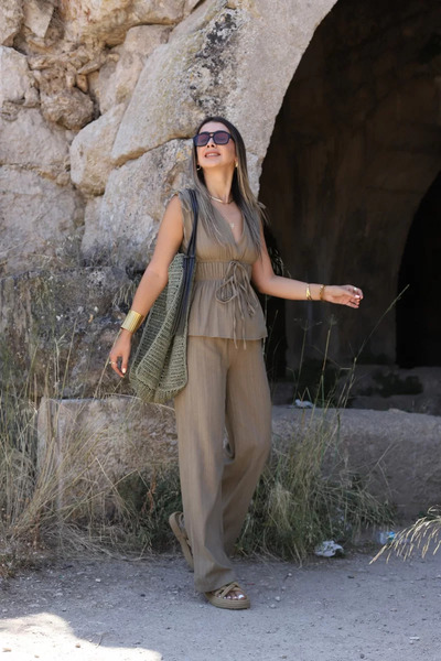 bytugcekaya Khaki Rubber Detail Blouse Pants Set