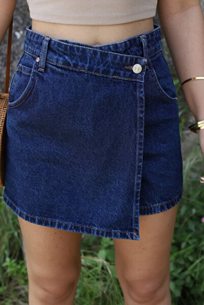 bytugcekaya Mavi Denim Düğme Detay Şort Etek