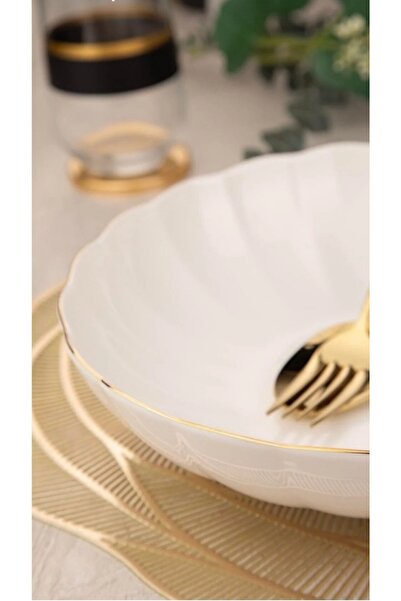 Kütahya Porselen Bone Luz 2 adet 22 cm Platin Yaldız (Gümüş) Yemek Tabağı Çuk...