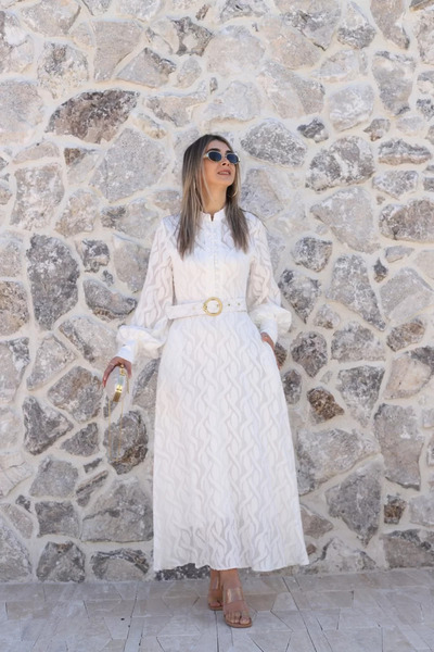 bytugcekaya Rochie lungă Ecru Gold detaliu la curea cu buzunare