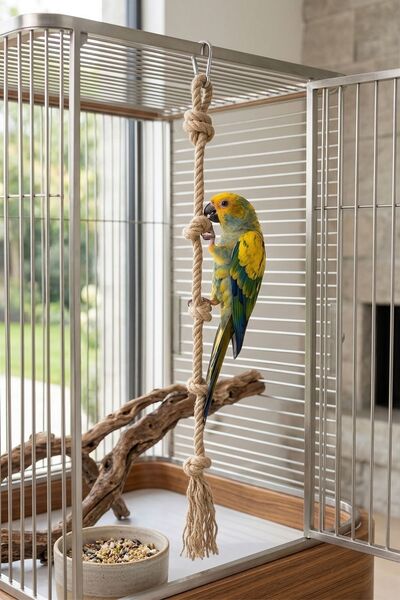 Mivra Pets Papağan Stres İpi 80 cm 10mm Kalın Jüt Halat Tırmanma Oyuncağı Kar...