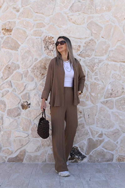 bytugcekaya Set Gofre cu cămașă maro tip Palazzo
