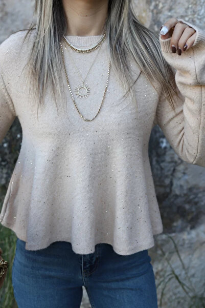 bytugcekaya Bej Standart Beden Uzun Kollu Simli Pullu Kazak