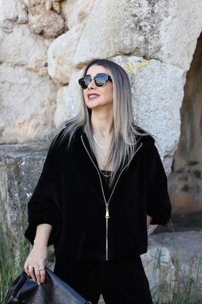 bytugcekaya Black Velvet Triple Zipper Suit