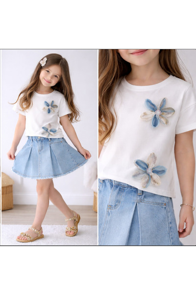 KOKOŞ BEBEK Çiçek Detaylı Kot Etekli Takım