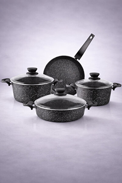 LAVONNI طقم أواني طهي من الجرانيت مكون من 7 قطع - أسود - 20-24 سم عميق - 26 س...