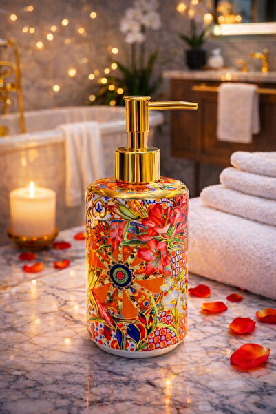 Kezze Lüx Gold Detaylı Porselen Sıvı Sabunluk Seti- Dekoratif Mutfak Banyo Te...