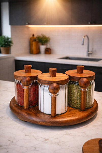 Paşabahçe 3'lü Akasya Kapaklı Kaşıklı Vakumlu Cam Kavanoz Baharatlık Seti-Mut...