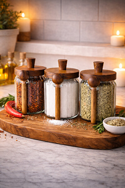 Paşabahçe 3'lü 450 ml Akasya Kapaklı Kaşıklı Cam Kavanoz Seti - Vakumlu Bahar...