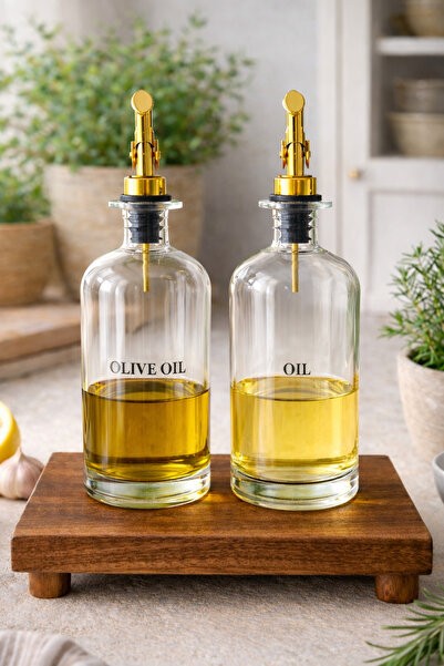 Paşabahçe 2'li Gold Başlıklı Cam Yağdanlık Seti - Damlatmaz Akıtmaz Yağ Şişes...