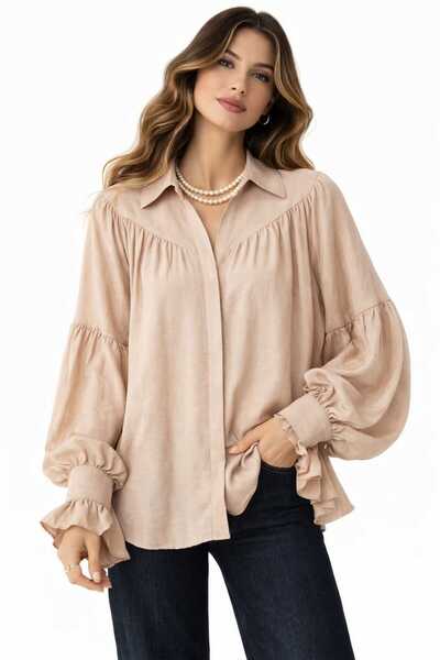 ECK MODA Cămașă de damă Casual Fit supradimensionat cu încrețituri cu umeri g...