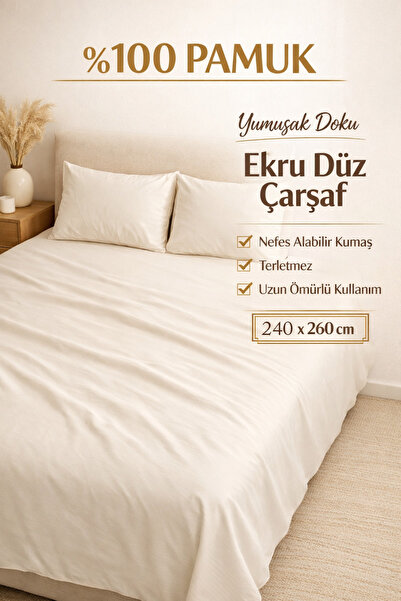 Cottonest 100% Cotton Ecru Flat Sheet Set 240X260 cm + 2 Pieces 50X70 Pillowc...