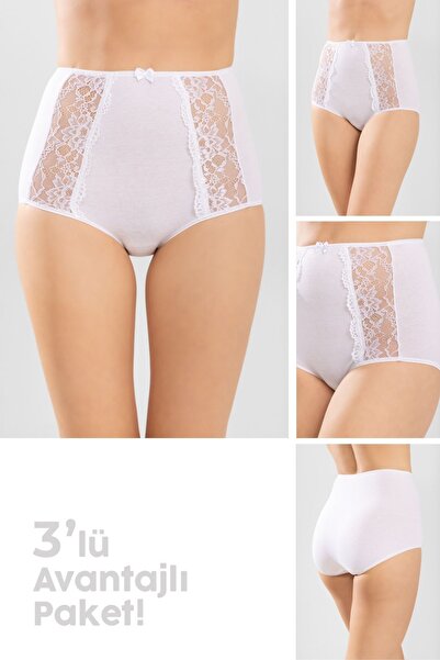 BAYKAR Set de 3 chiloți de damă cu talie înaltă și dantelă pe laterale 8922 Alb