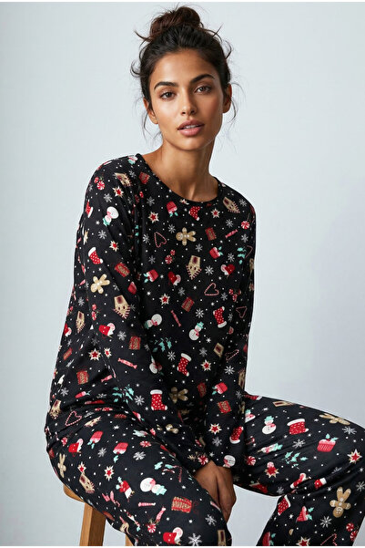 Siyah İnci Black Soft Textured Suede Knitted Pajama Set 7983