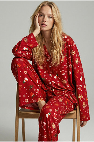 Siyah İnci Red Soft Textured Suede Buttoned Knitted Pajamas Suit 7984