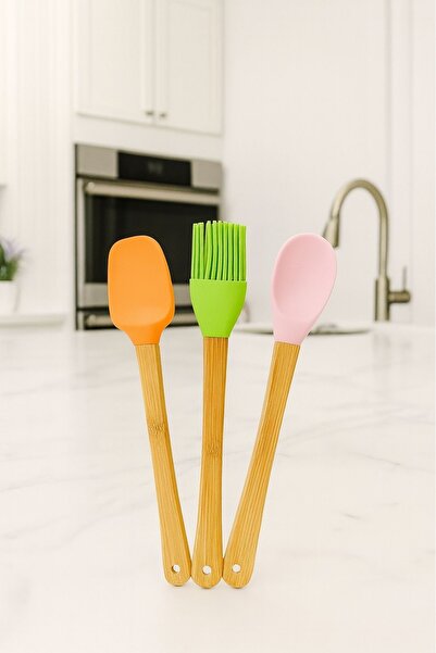 ARVALE طقم مطبخ سيليكون بمقبض من الخيزران – 3 ملاعق وفرشاة وملعقة – 21 سم