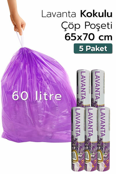 ARVALE 5 Paket Çok Avantaj Paket Mega Boy Lavanta Kokulu Büzgülü Çöp Poşeti (...