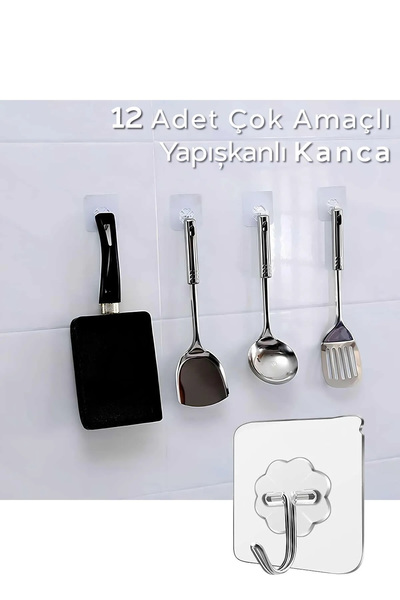 ARVALE 12 Adet Güçlü Şeffaf Duvar Askısı Askılığı Yapışkan Metal Kancalı Mutf...