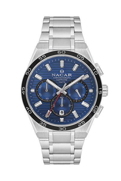 Nacar ساعة يد رجالية رياضية من الزجاج الياقوتي باللون الفضي - الأزرق NC08-294...