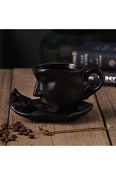 ARVALE طقم أكواب على شكل وجه اسكندنافي سعة 260 مل لشخص واحد، كوب أسود وصحن - ...