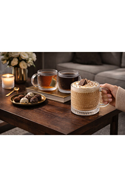 ARVALE Carnival 3’lü Kabartmalı Cam Kupa Seti 300 ml | Şeffaf Çay & Kahve Kupası