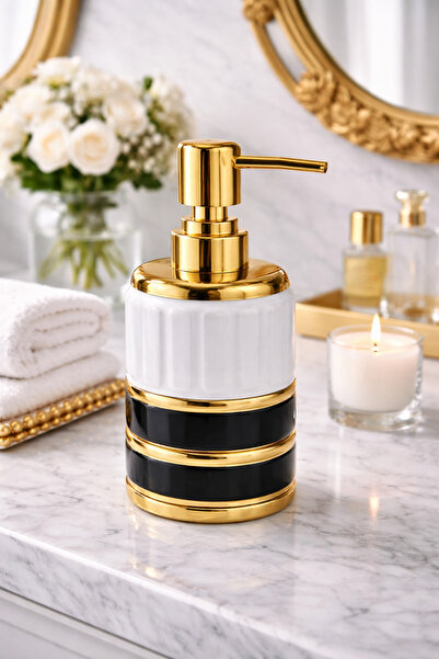 ARVALE Dozator de săpun lichid din porțelan alb ELEGANCE cu detalii aurii – D...