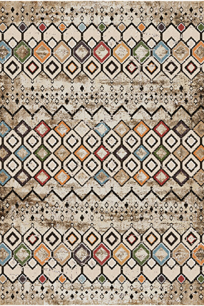 kilim home Διακοσμητικό χαλί σαλονιού με μπεζ φόντο, πολύχρωμο σχέδιο μπακλαβ...