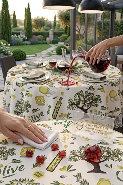 Rona Home Zeytin Dalı Desenli Kenarı Güpürlü Lüks Yuvarlak Masa Örtüsü Leke T...