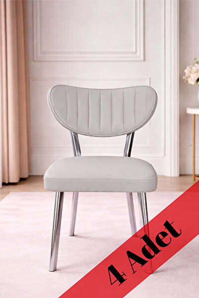 F Mutfak Sandalyesi Krom Ayak Gri Döşeme Yemek Odası Bahçe Balkon Otel Restoran Kafe Sandalyesi 4lü