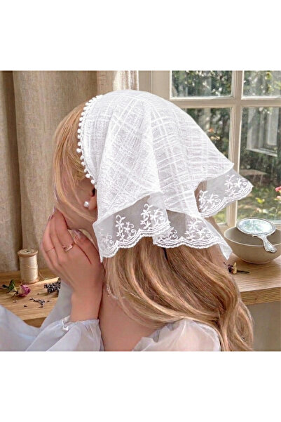 REBORN DESIGN Kareli Müslin Kumaş Çiçek ve Zincir Güpür Fırfır Detaylı Beyaz ...