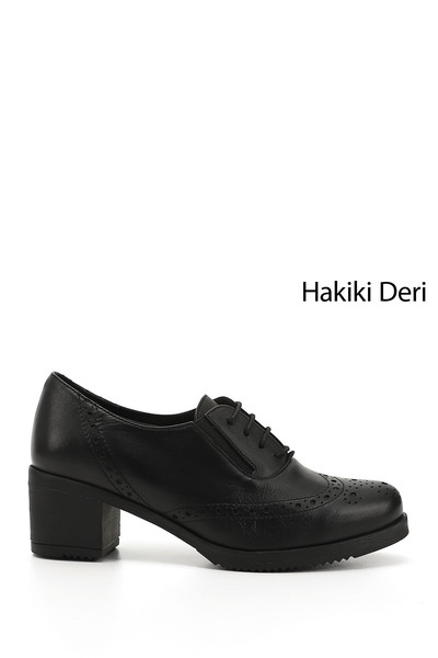 GÖNDERİ(R) حذاء أكسفورد نسائي أسود برباط وكعب متوسط سميك من الجلد الطبيعي